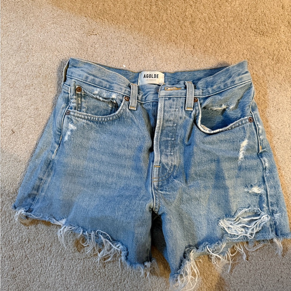 Agolde Light Blue Distressed Jean Shorts